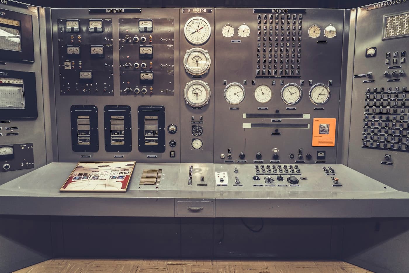 Engine room control panel with analogue gauges and indicators